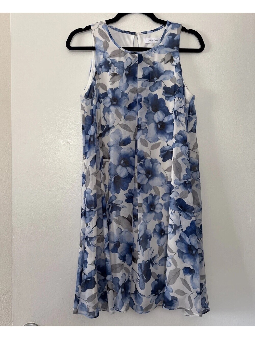 Calvin Klein 10 Dress White Blue Floral Chiffon Whimsical Fairy Career Work